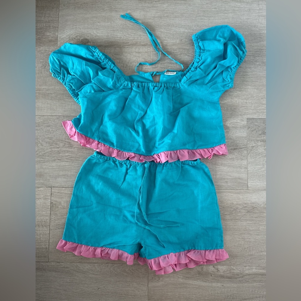 Dora Larsen Blue and Pink Ruffle Two-Piece Set